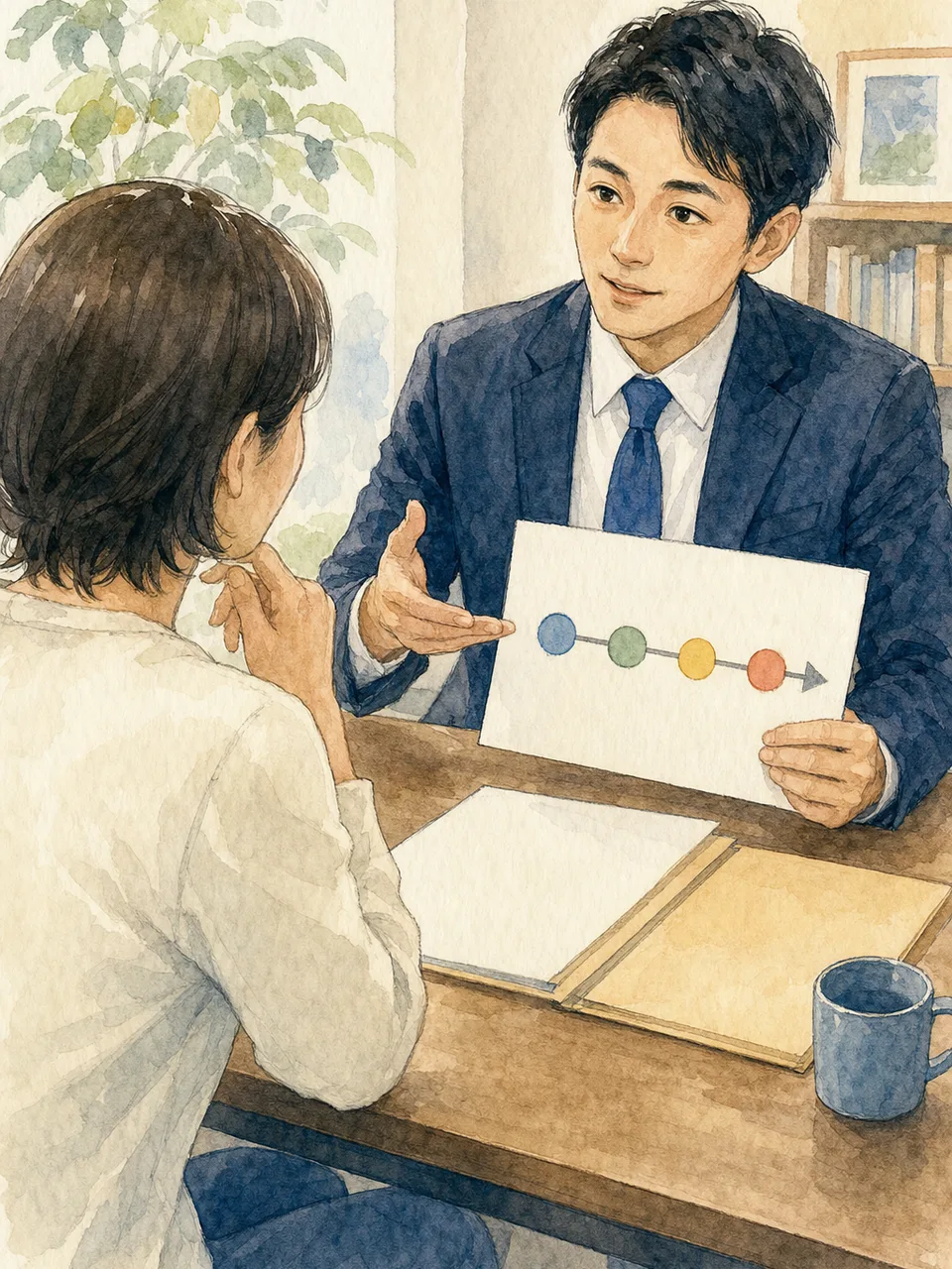 法律相談を受ける日本人と弁護士（手描き水彩）。弁護士、法律相談、法務、専門家サービスの記事向け素材です。