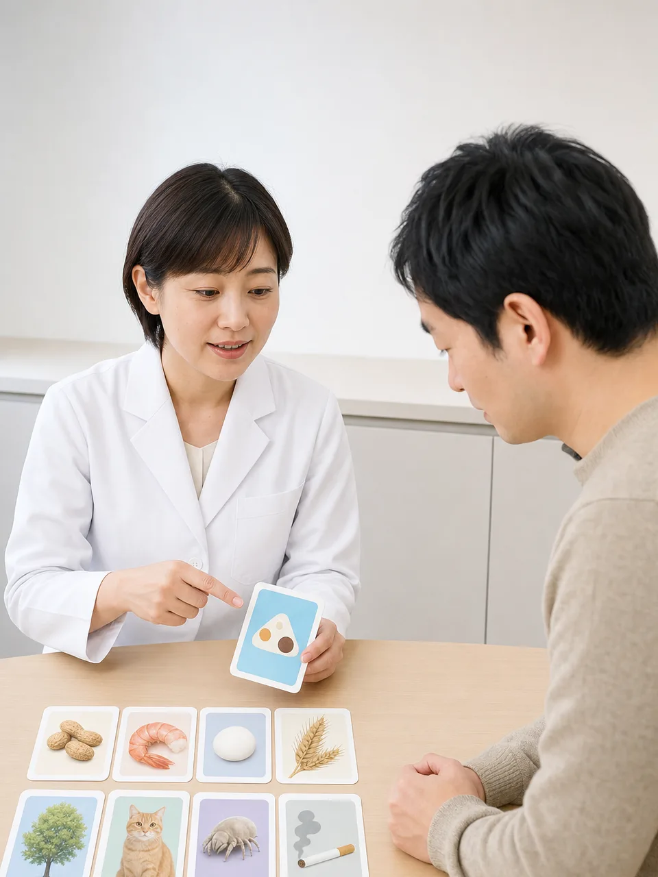 アレルギー対策を相談する日本人（自然な縦位置写真）。アレルギー相談、アレルギー対策、医療相談、食物アレルギーの記事や案内に使える商用素材です。
