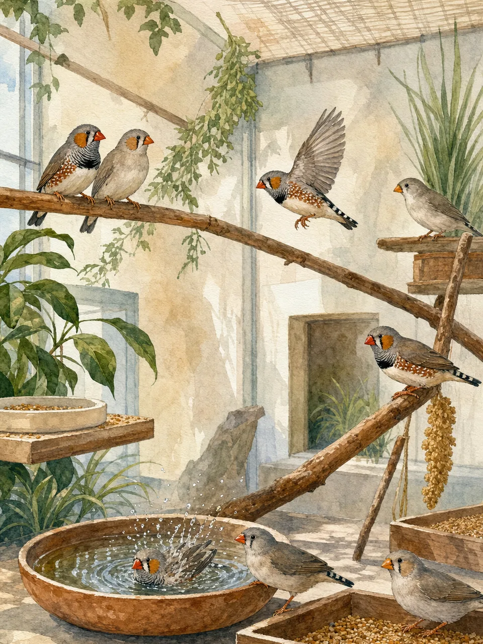 群れで暮らすキンカチョウ（手描き水彩）。キンカチョウ、フィンチ、小鳥、ペットの記事や案内に使える商用素材です。