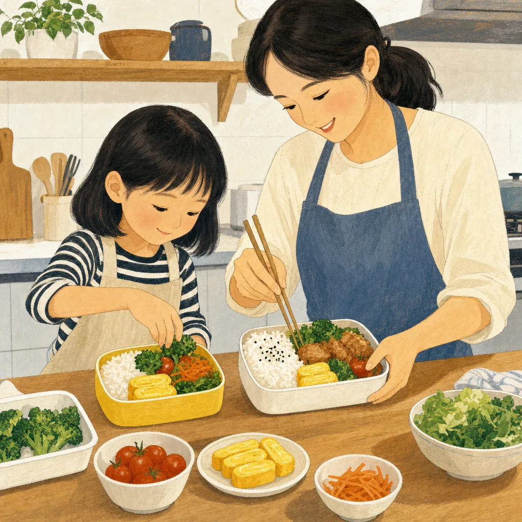 家族のお弁当を作る日本人（編集記事向け）。弁当、家事、子育て、食品や生活サービスに使える朝の調理素材です。