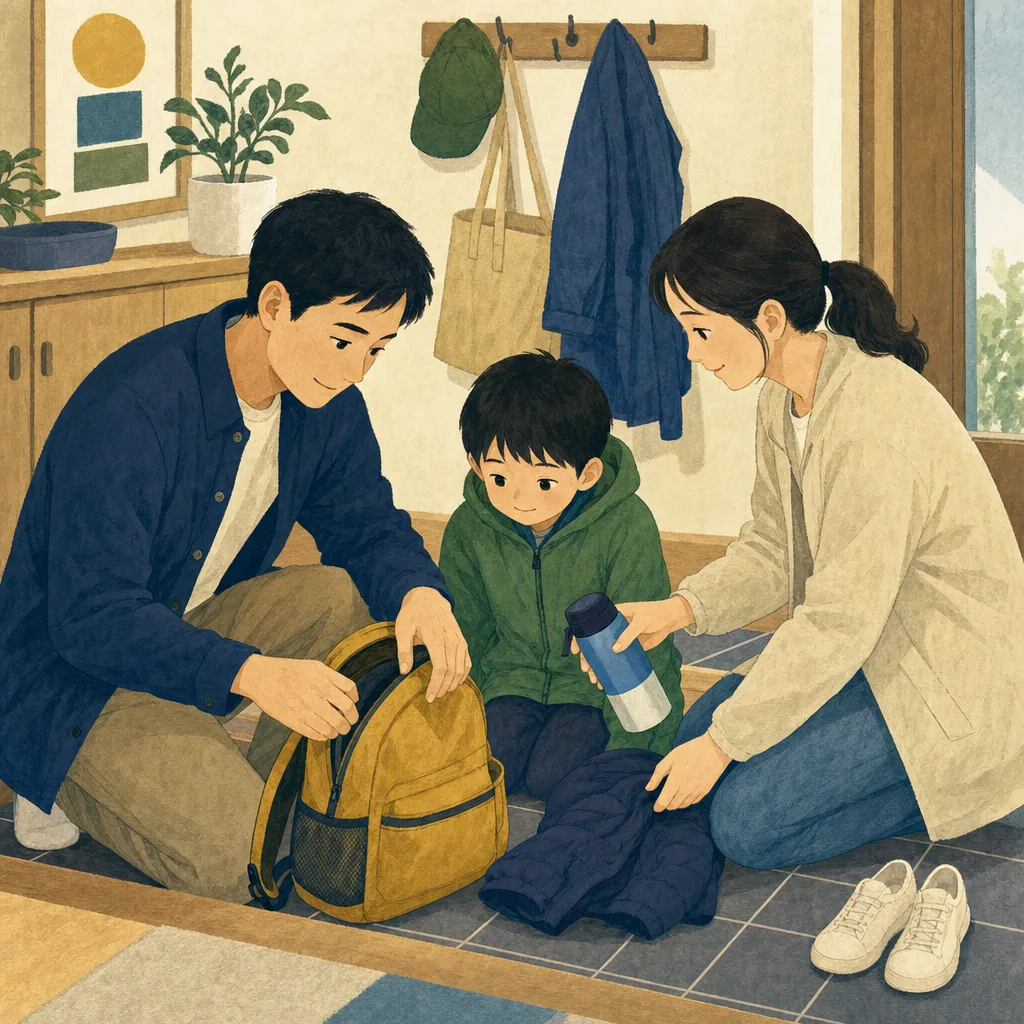 登校準備を協力する日本人の親（編集記事向け）。登校準備、共同育児、子育て、共働き家庭の記事や案内に使える商用素材です。