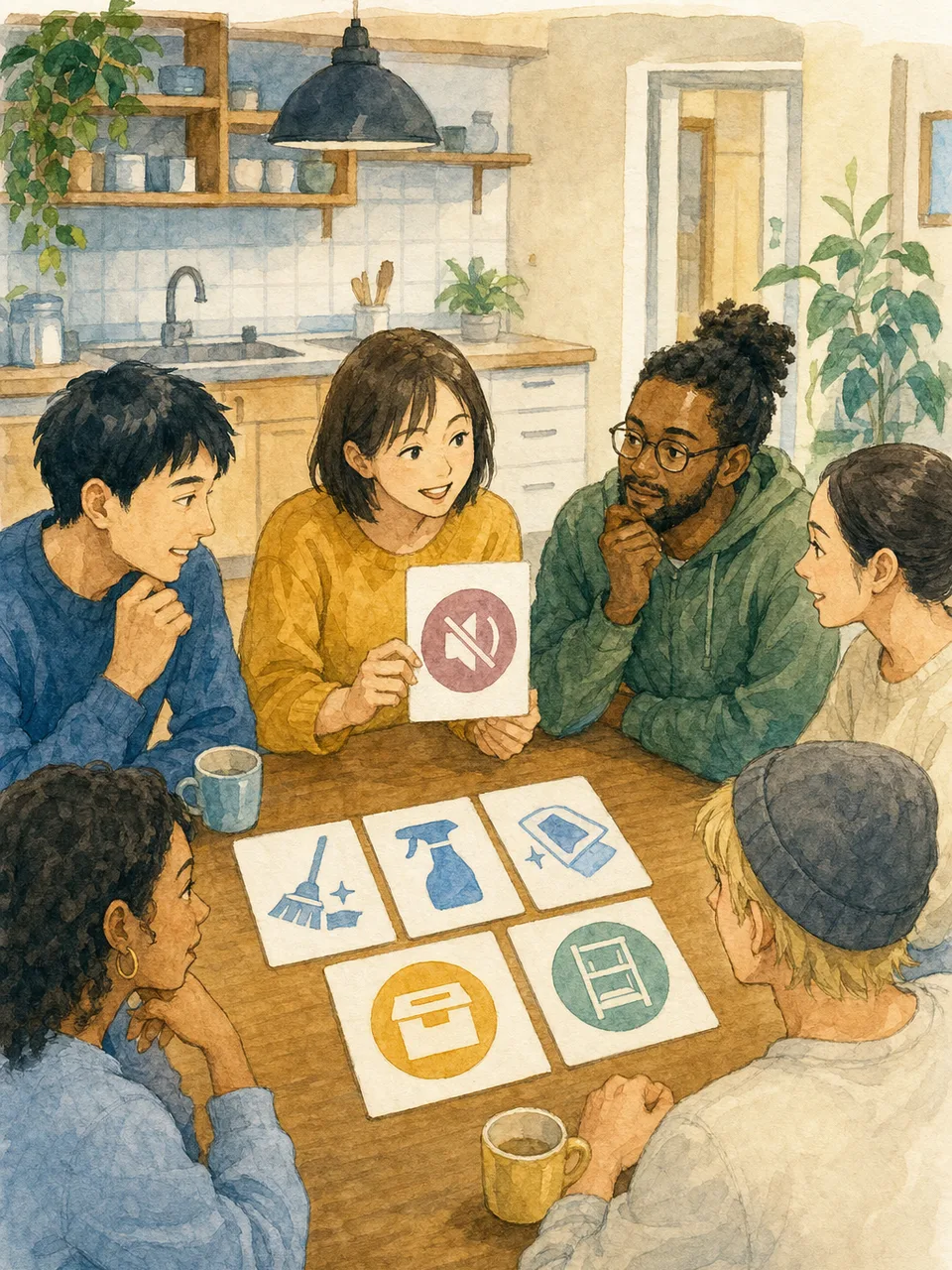 シェアハウスの暮らしを話し合う日本人（手描き水彩）。シェアハウス生活ルール、共用スペースの使い方、共同生活、シェアハウスの記事や案内に使える商用素材です。