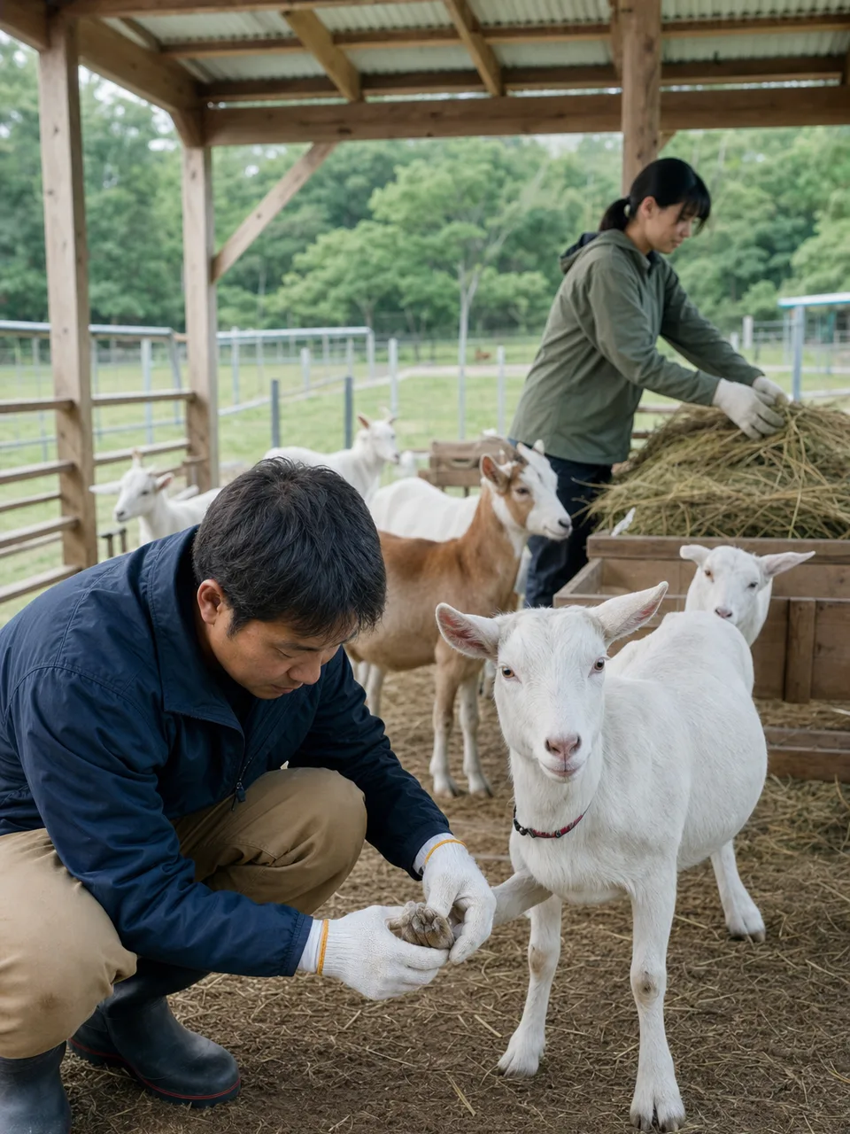 ヤギを世話する日本人農家（自然な縦位置写真）。ヤギ、畜産、農業、動物福祉の記事向け素材です。