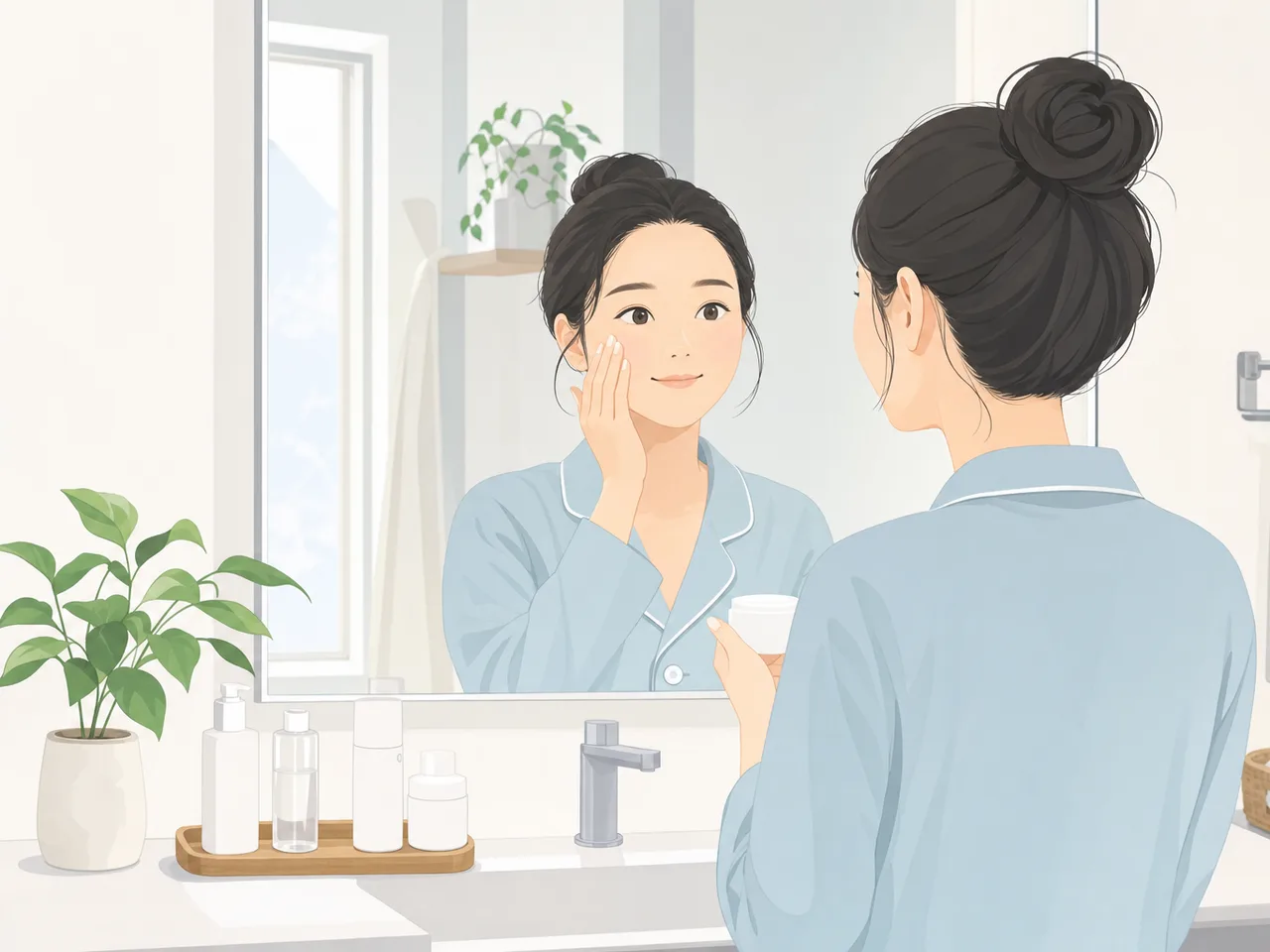 自宅でスキンケアをする日本人（フラットイラスト）。スキンケア、美容、セルフケア、化粧品の記事に使える清潔感のある素材です。