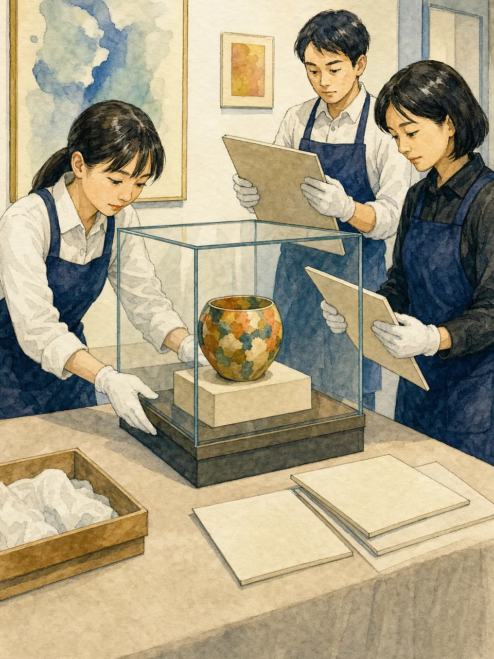 展示準備をする日本人学芸員（手描き水彩）。学芸員、博物館、美術館、展示企画の記事向け素材です。