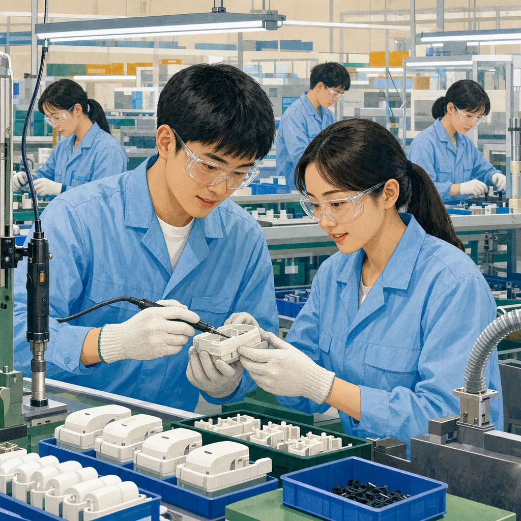 工場で組み立て作業をする日本人（編集記事向け）。工場勤務、製造業、組み立て、ものづくりの記事向け素材です。