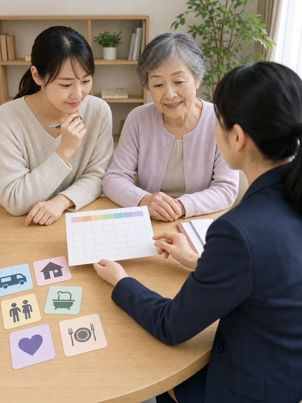 介護者の休息を計画する日本人家族（自然な縦位置写真）。介護者支援、レスパイト、家族介護、介護相談の記事や案内に使える商用素材です。