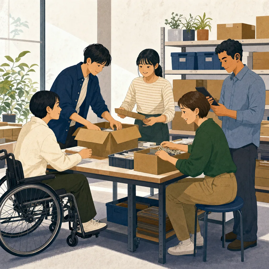 障害のある人と協働する日本の職場（編集記事向け）。障害者雇用、合理的配慮、就労支援、共生社会の記事向け素材です。