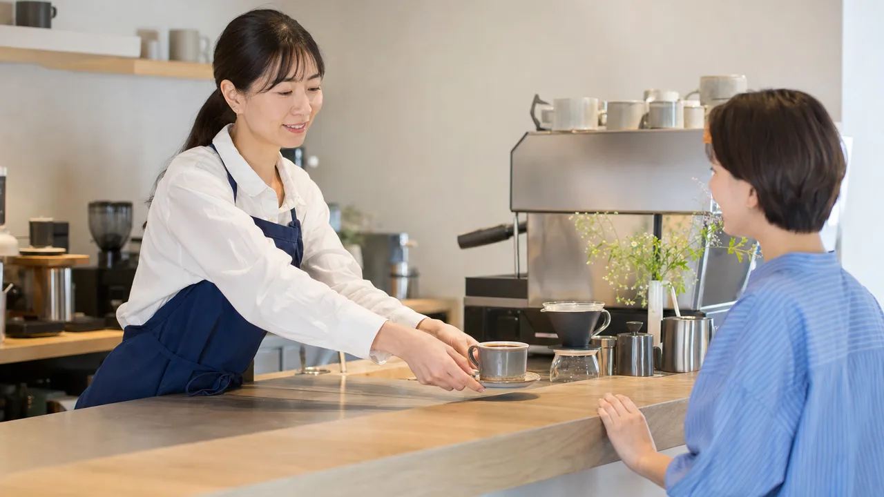 コーヒーを提供する日本人バリスタ（横長・コピースペース）。バリスタ、カフェ、コーヒー、接客の記事向け素材です。