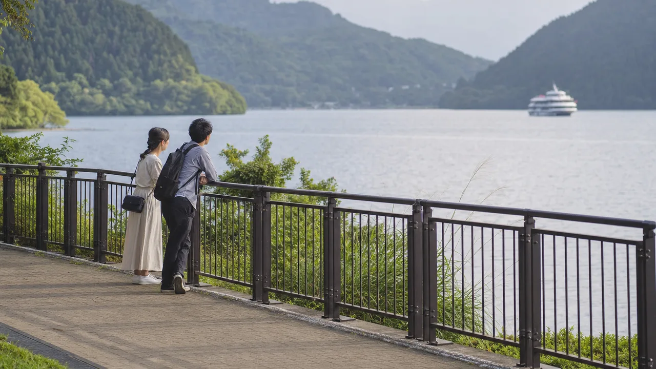 箱根の湖畔を歩く日本人旅行者（横長・コピースペース）。箱根、温泉旅行、湖、国内旅行の記事に使える素材です。