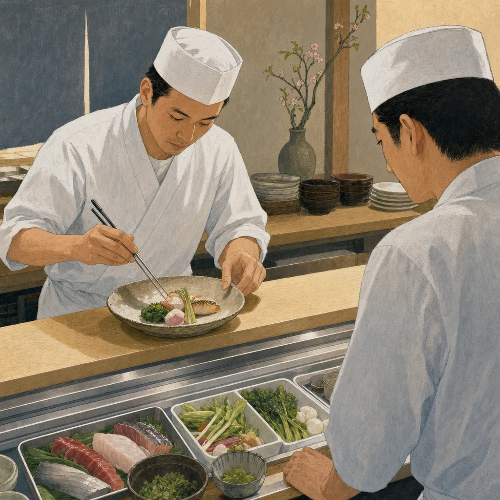 料理を仕上げる日本人調理師（編集記事向け）。調理師、飲食店、厨房、料理人の記事向け素材です。