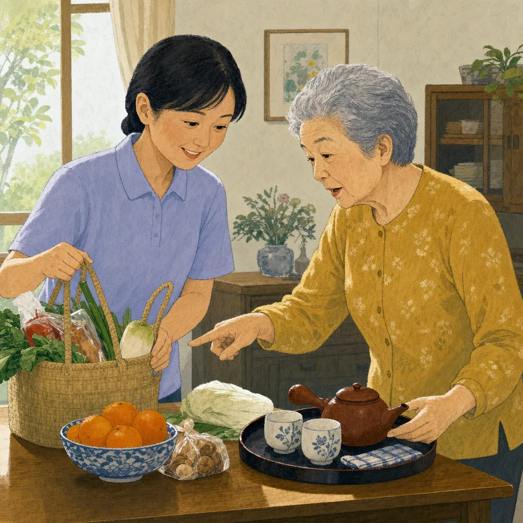 訪問介護を利用する日本人高齢者（編集記事向け）。訪問介護、在宅生活、高齢者、生活支援の記事向け素材です。