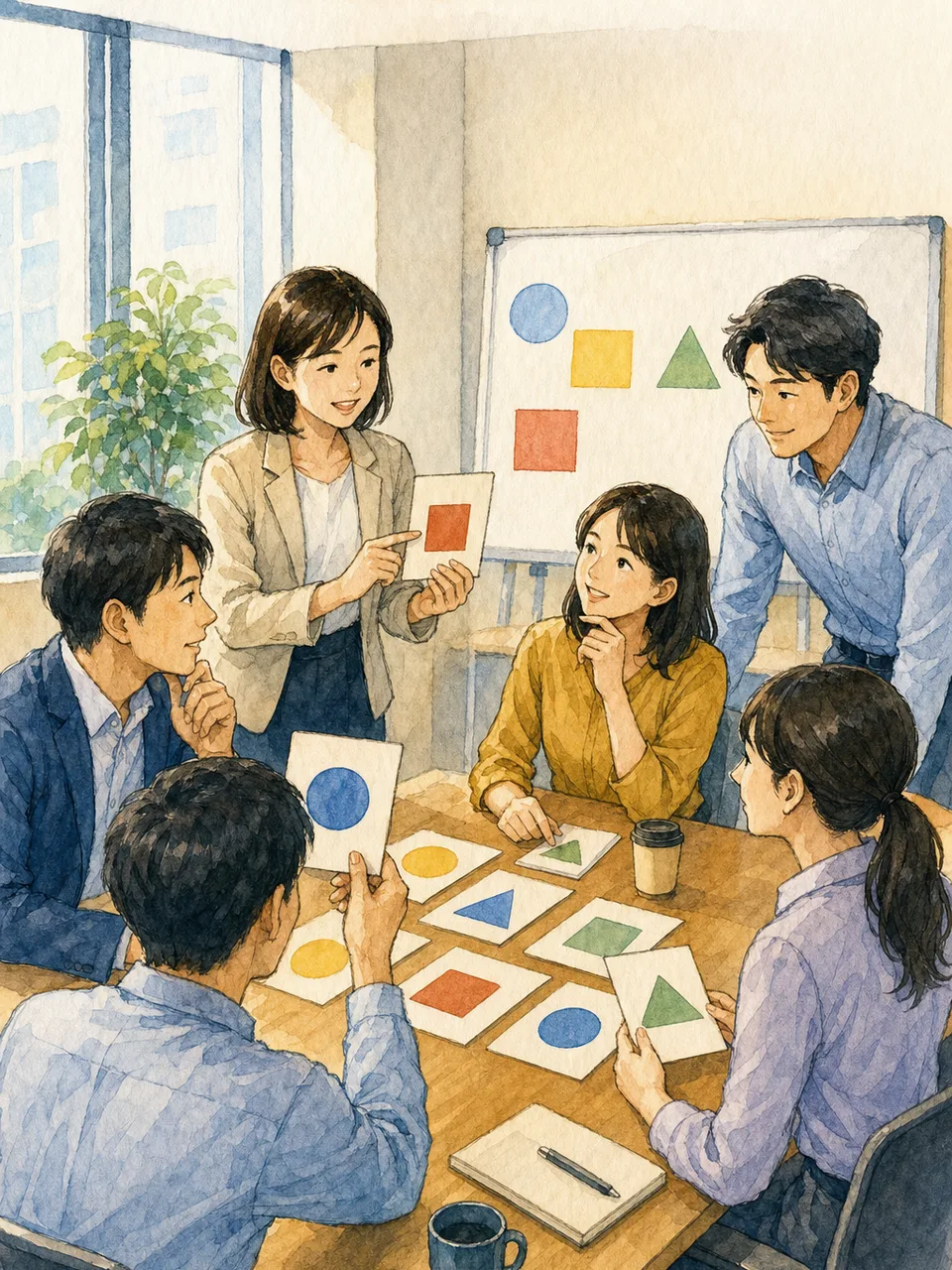 コンプライアンス研修に参加する日本人（手描き水彩）。コンプライアンス研修、企業倫理、社内研修、法令遵守の記事や案内に使える商用素材です。