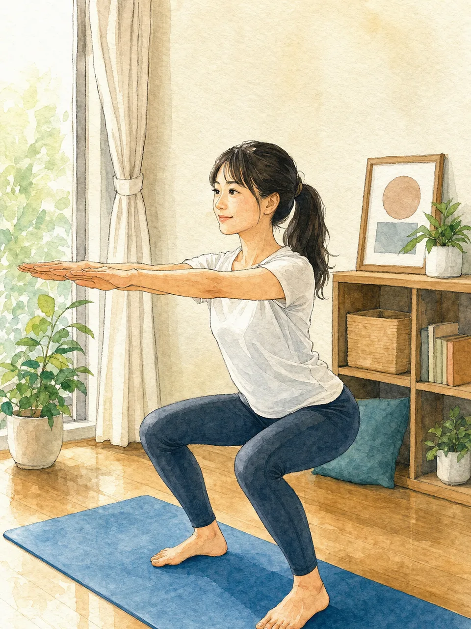 自宅で運動する日本人（手描き水彩）。自宅トレーニング、宅トレ、運動、健康の記事や案内に使える商用素材です。
