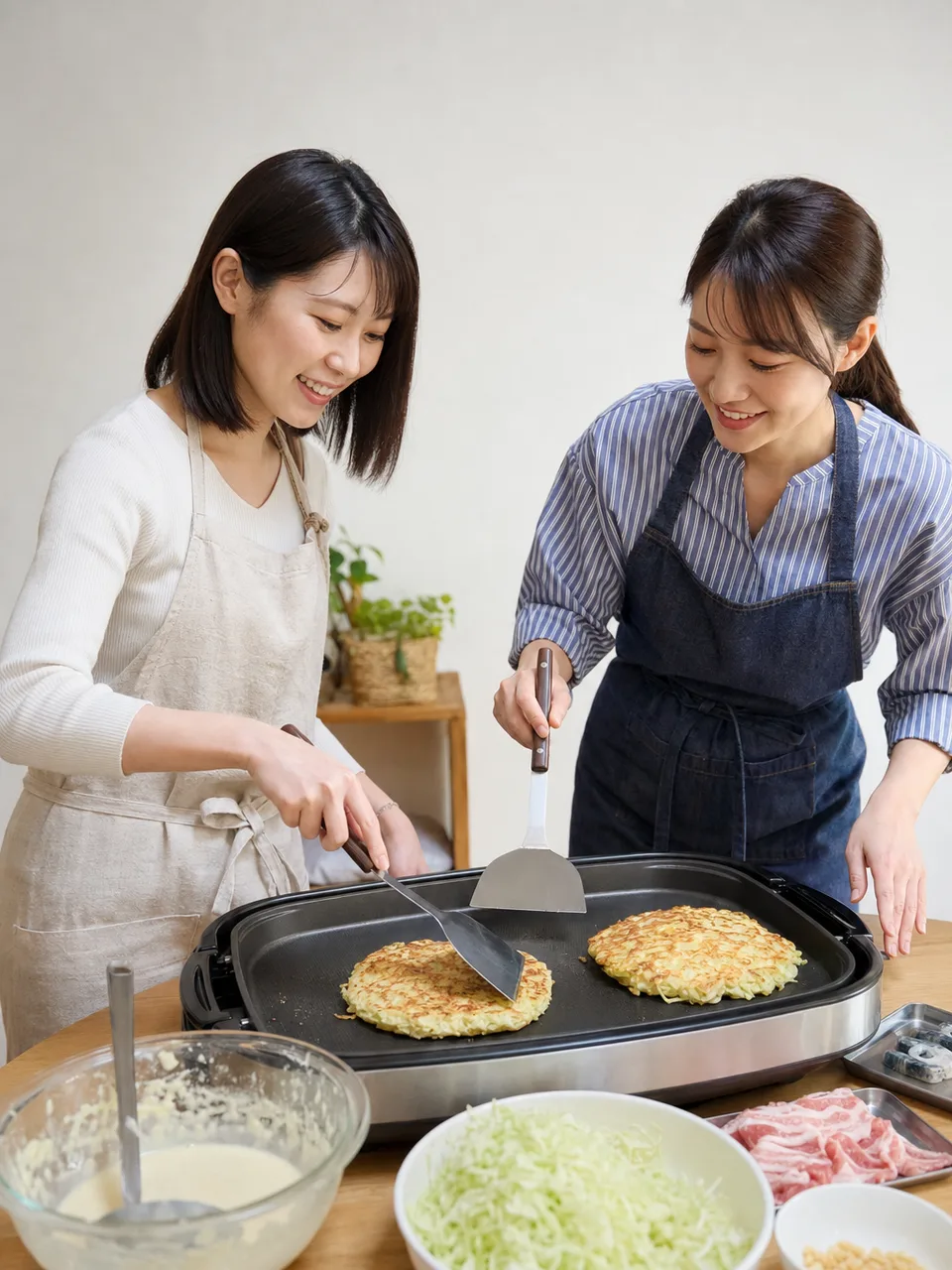 お好み焼きを作る日本人（自然な縦位置写真）。お好み焼き、家庭料理、関西グルメ、友人の記事向け素材です。
