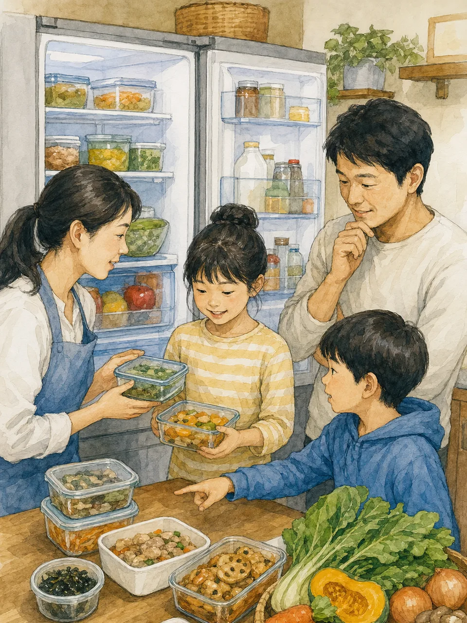 家庭でフードロスを減らす日本人（手描き水彩）。フードロス削減、食品管理、家庭、環境配慮の記事向け素材です。