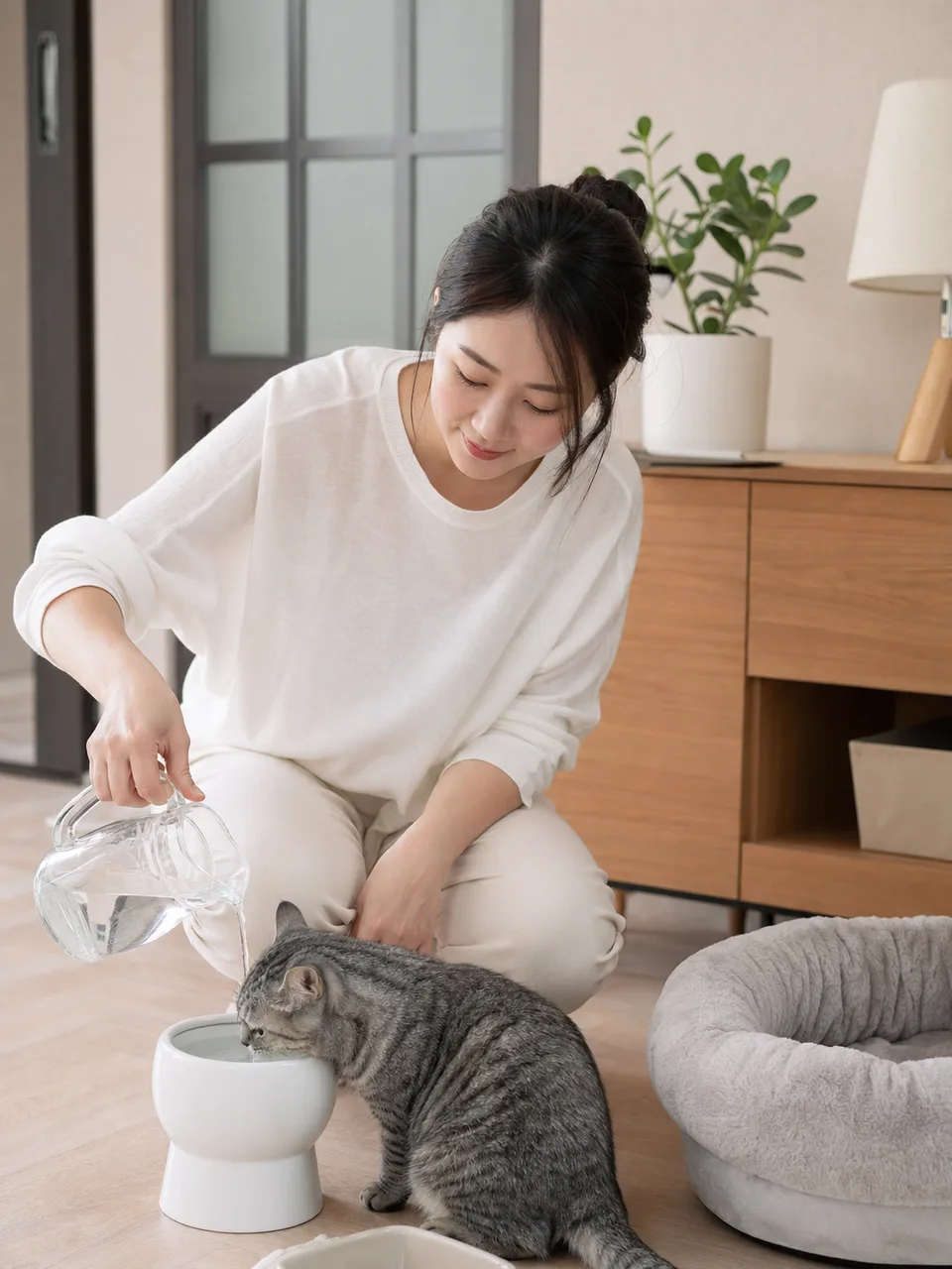 集合住宅でペットと暮らす日本人（自然な縦位置写真）。集合住宅のペットケア、マンションでのペット習慣、ペットとの暮らし、マンションの記事や案内に使える商用素材です。