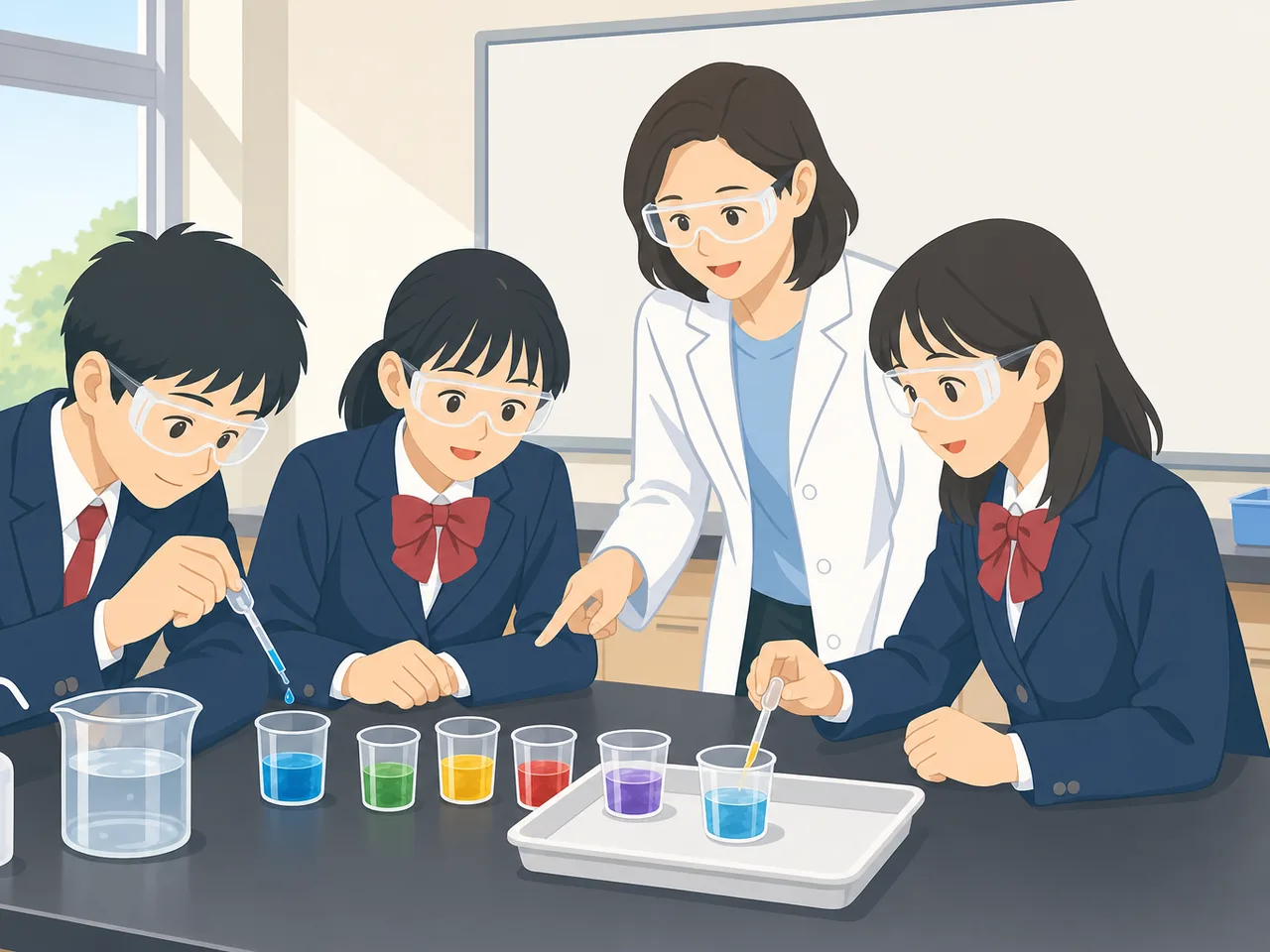 科学実験に取り組む日本人の生徒（フラットイラスト）。科学実験、理科教育、探究学習、学校の記事に使える素材です。