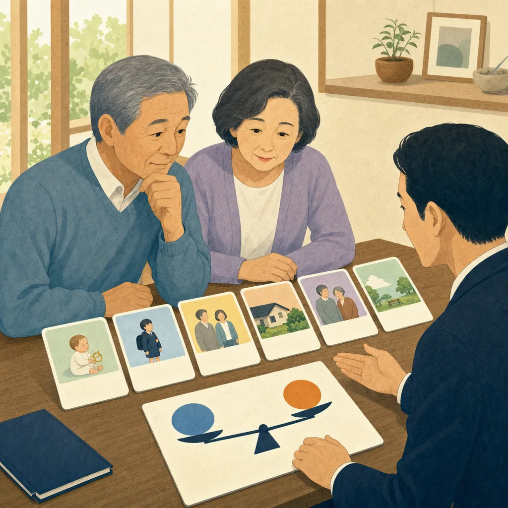 老後資金を計画する日本人夫婦（編集記事向け）。老後資金、退職後、家計相談、資産計画の記事や案内に使える商用素材です。