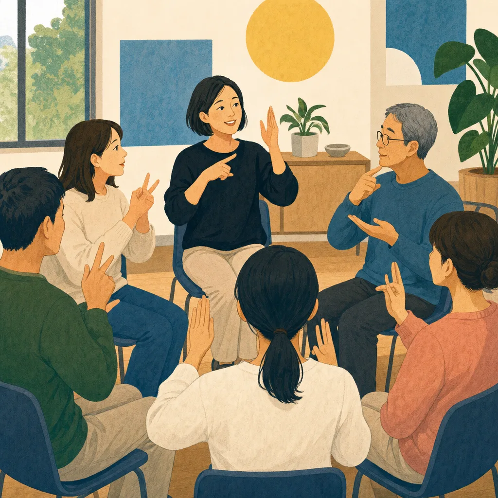 手話を学ぶ日本人グループ（編集記事向け）。手話教室、日本手話、聴覚障害、コミュニケーションの記事や案内に使える商用素材です。