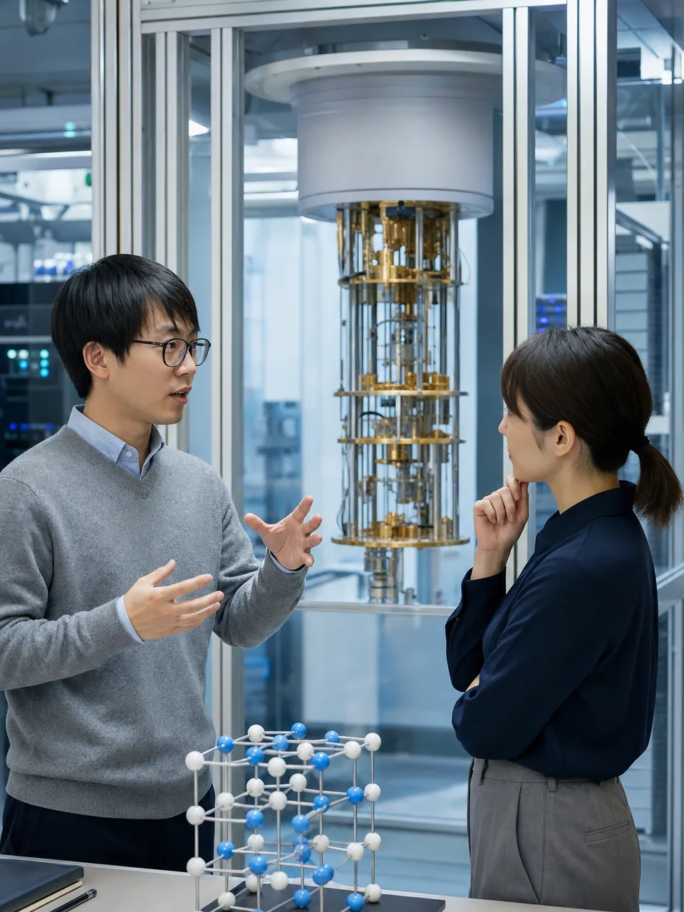 量子コンピュータを研究する日本人（自然な縦位置写真）。量子コンピュータ、量子技術、研究開発、大学研究の記事や案内に使える商用素材です。