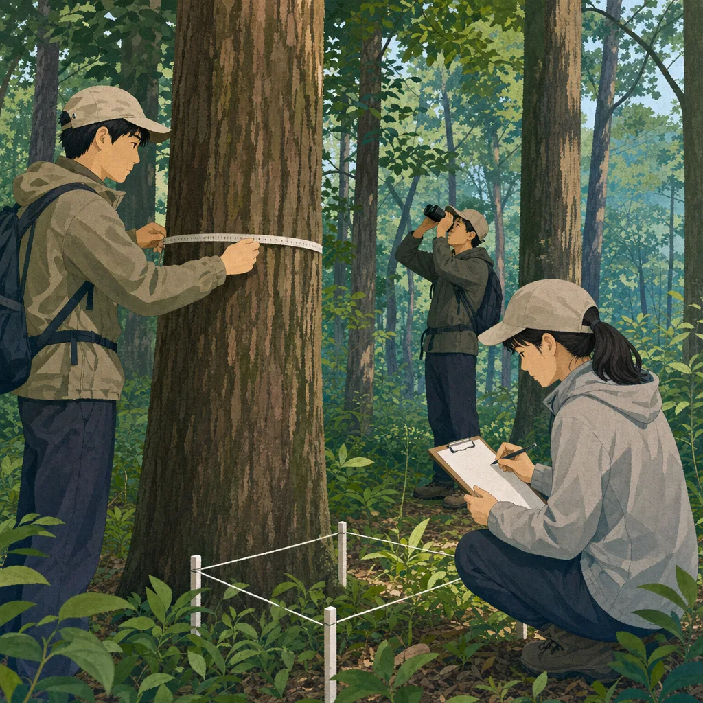 森林を調査する日本人研究者（編集記事向け）。森林調査、森林炭素、林業、樹木測定の記事や案内に使える商用素材です。
