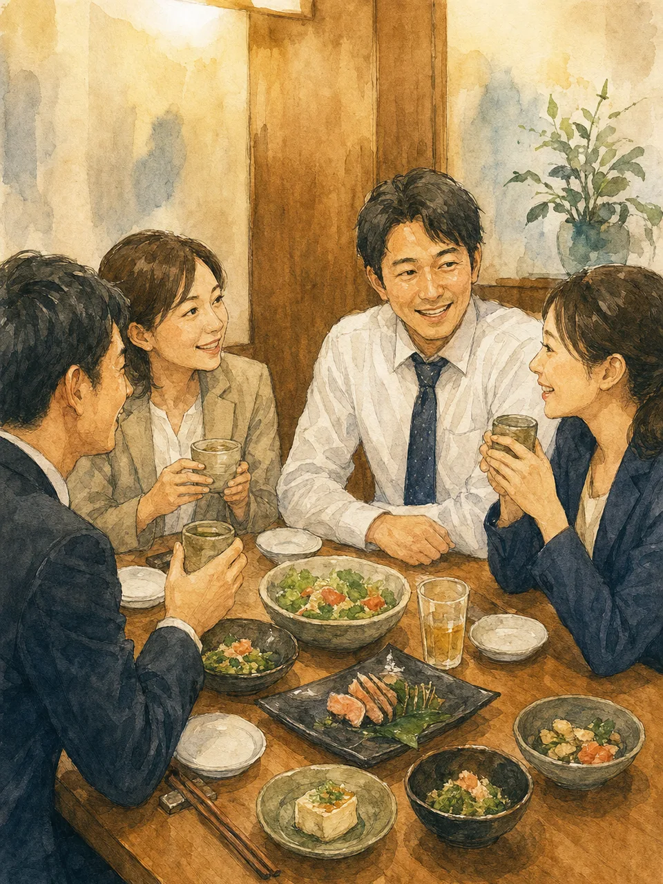 居酒屋で食事を楽しむ日本人同僚（手描き水彩）。居酒屋、懇親会、外食、仕事帰りの交流を表現できる素材です。