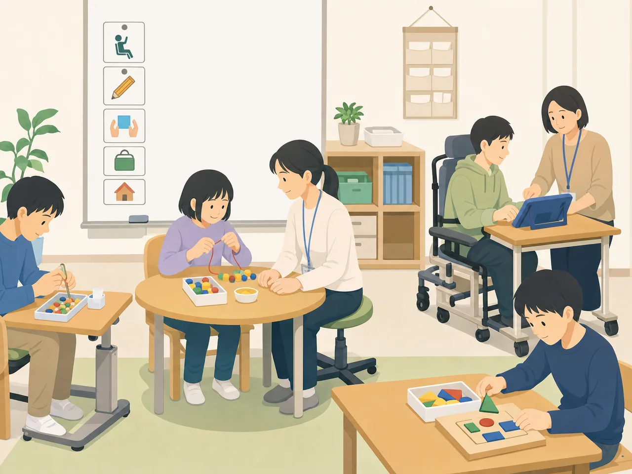 特別支援学校で学ぶ日本人の生徒（フラットイラスト）。特別支援学校、個別支援、学習、インクルーシブ教育の記事向け素材です。