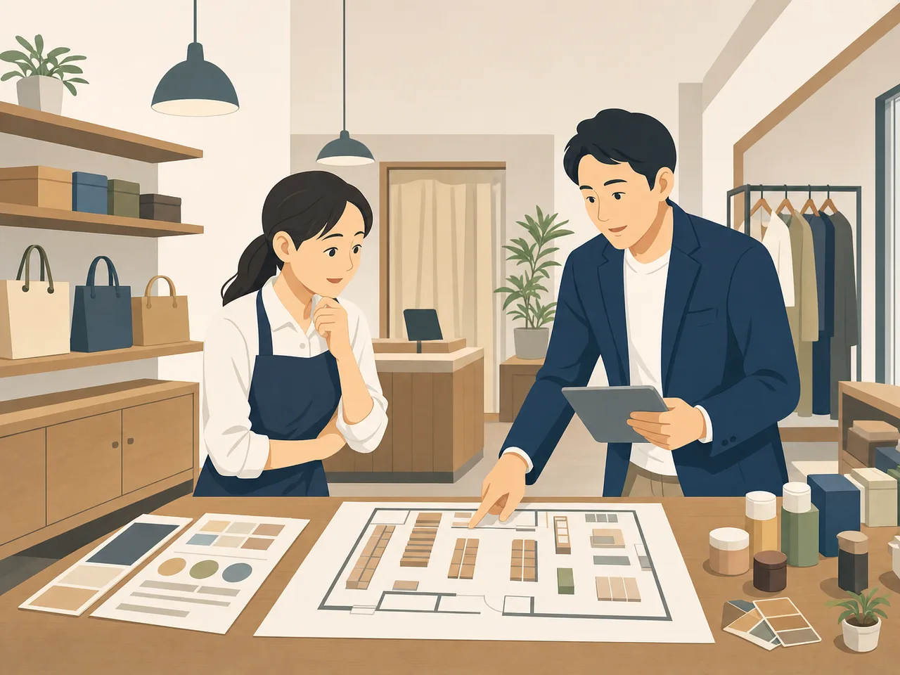 店舗運営を確認する日本人フランチャイズ担当者（フラットイラスト）。フランチャイズ、店舗運営、店長、経営支援の記事や案内に使える商用素材です。
