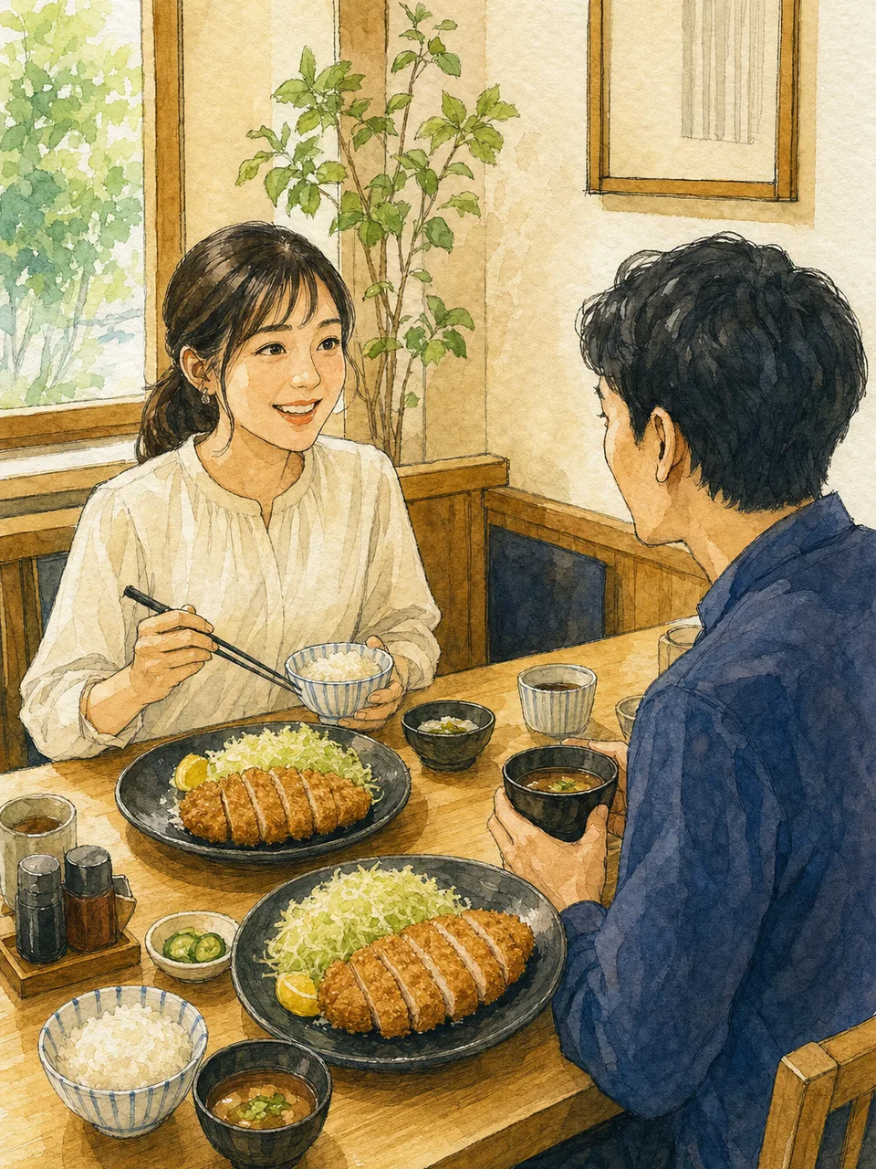 とんかつ定食を楽しむ日本人（手描き水彩）。とんかつ、定食、和食、外食の記事向け素材です。