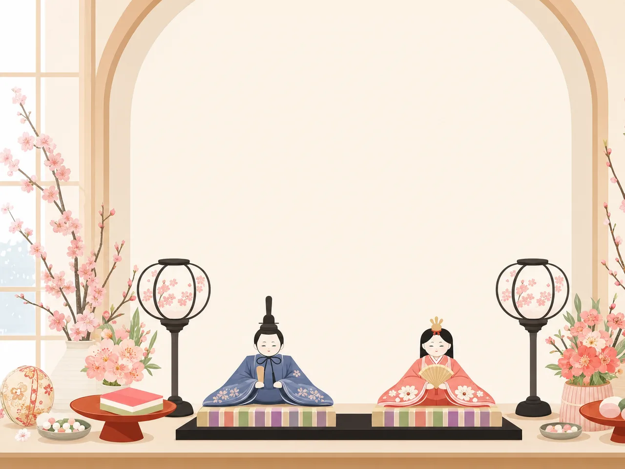 ひな祭りを彩るひな人形と桃の花（フレームイラスト）。ひな祭り、桃の節句、春、日本文化のデザインに使える素材です。