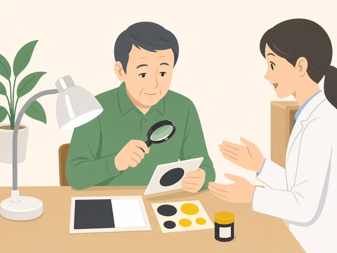 見えにくさへの工夫を相談する日本人（フラットイラスト）。ロービジョン相談、見えにくさ、視覚支援、拡大鏡の記事や案内に使える商用素材です。