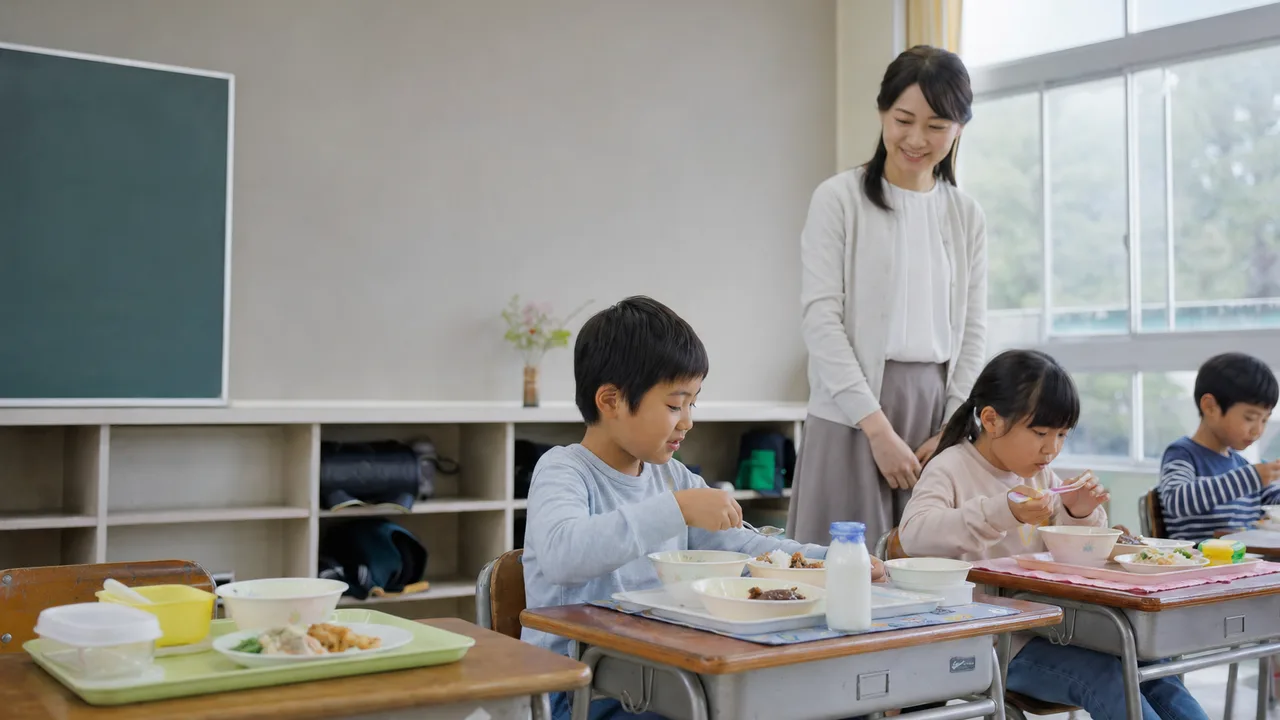学校給食を楽しむ日本人の児童（横長・コピースペース）。学校給食、食育、小学校、子どもの生活の記事向け素材です。