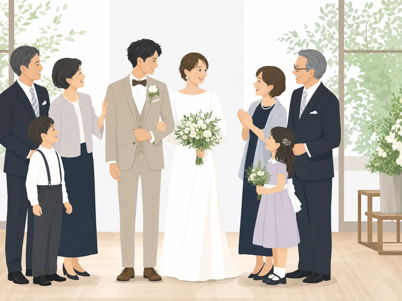 結婚式を祝う日本人カップルと家族（フラットイラスト）。結婚式、ウェディング、家族、ブライダルサービス向け素材です。