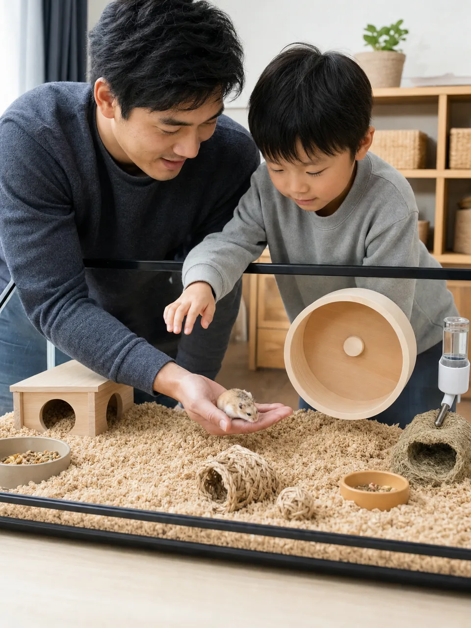 ハムスターを世話する日本人家族（自然な縦位置写真）。ハムスター、小動物、ペットケア、家族の記事向け素材です。