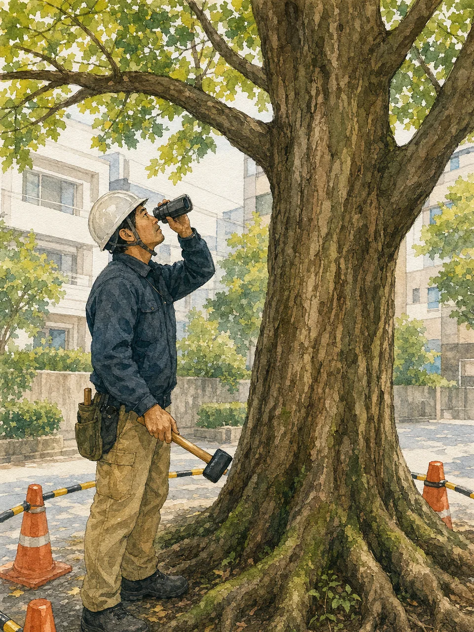 樹木を診断する日本人アーボリスト（手描き水彩）。アーボリスト、樹木診断、樹木管理、造園の記事や案内に使える商用素材です。
