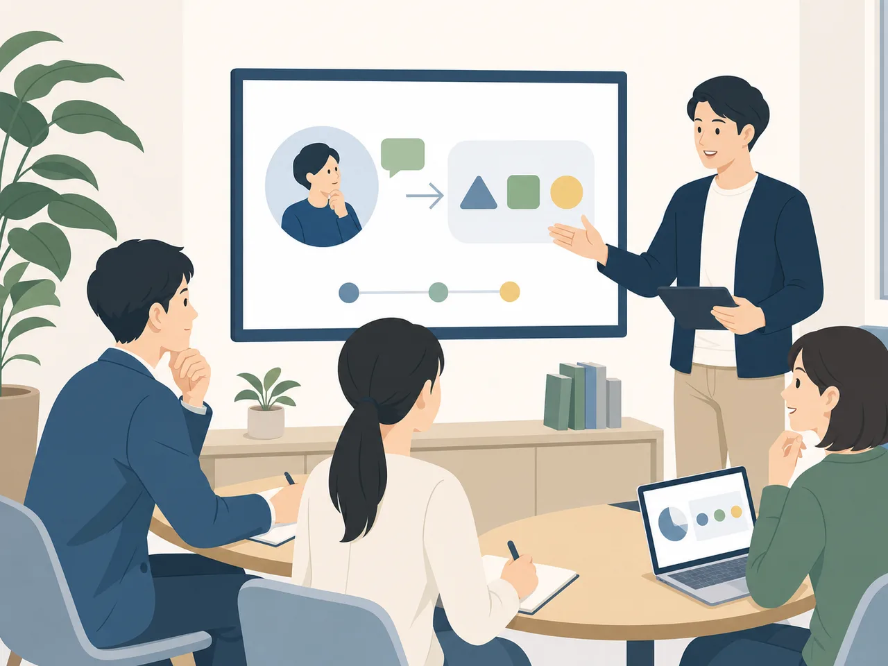 eラーニングを受講する日本人会社員（フラットイラスト）。eラーニング、オンライン研修、社員教育、学習管理の記事向け素材です。