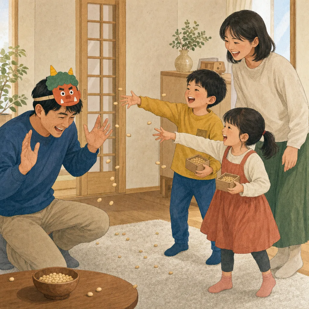 節分を楽しむ日本人家族（編集記事向け）。節分、豆まき、家族、日本の年中行事の記事向け素材です。