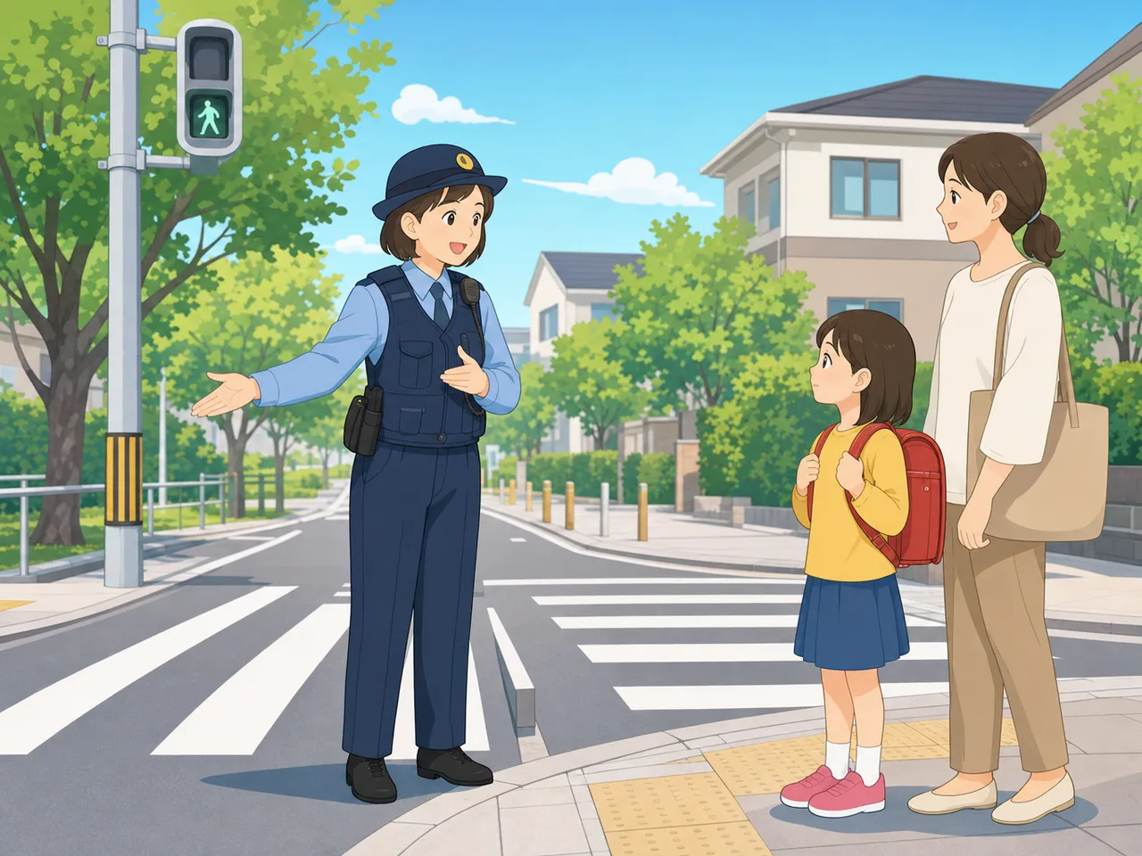 交通安全を案内する日本人警察官（フラットイラスト）。警察官、交通安全、防犯、地域活動の記事向け素材です。