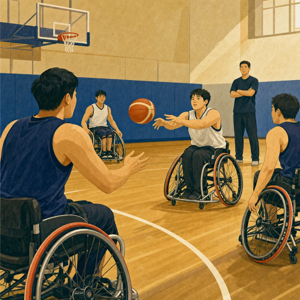 車いすバスケットボールを練習する日本人（編集記事向け）。車いすバスケットボール、パラスポーツ、車椅子、スポーツの記事や案内に使える商用素材です。