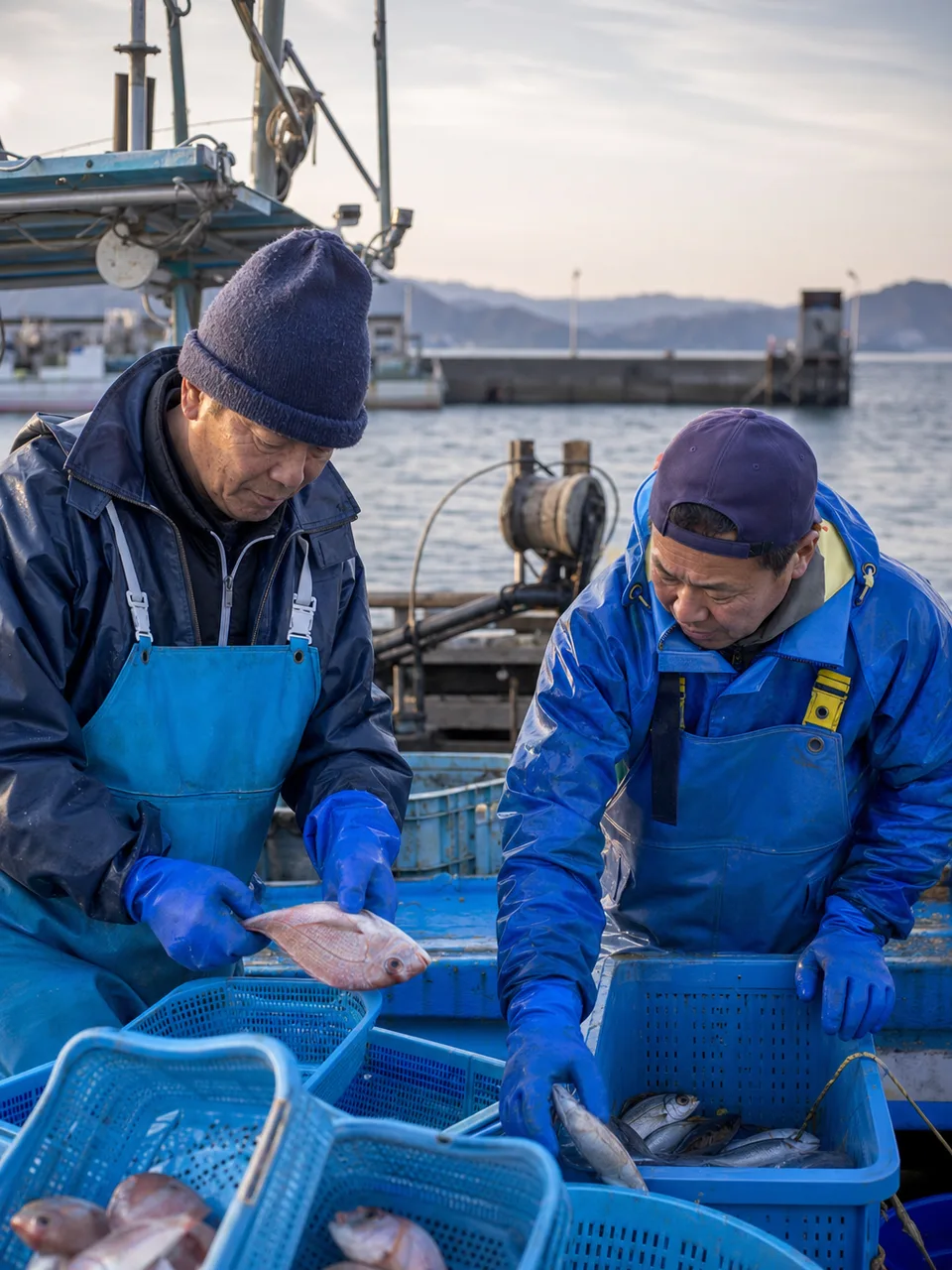 漁港で水揚げをする日本の漁業者（自然な縦位置写真）。漁業、一次産業、水産、地域産業の記事に使える仕事素材です。