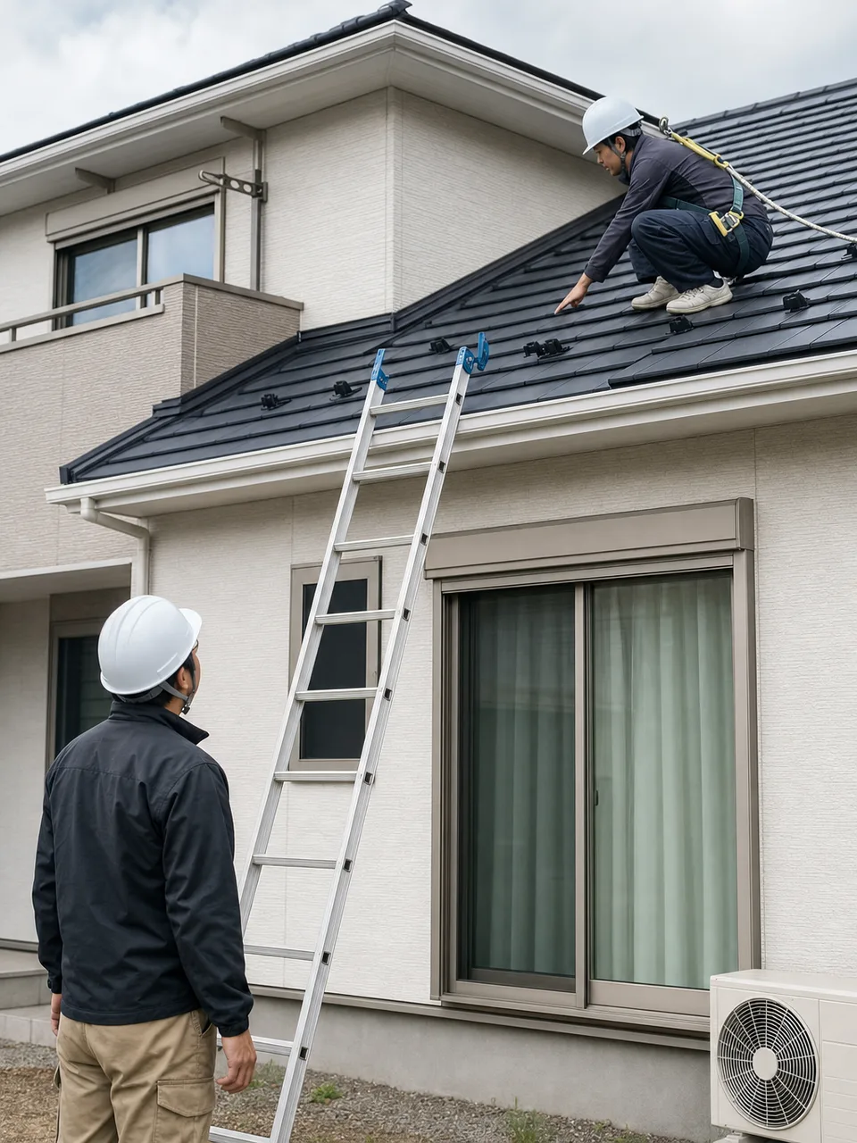 住宅の屋根を点検する日本人技術者（自然な縦位置写真）。屋根点検、住宅点検、雨漏り対策、建物維持の記事や案内に使える商用素材です。