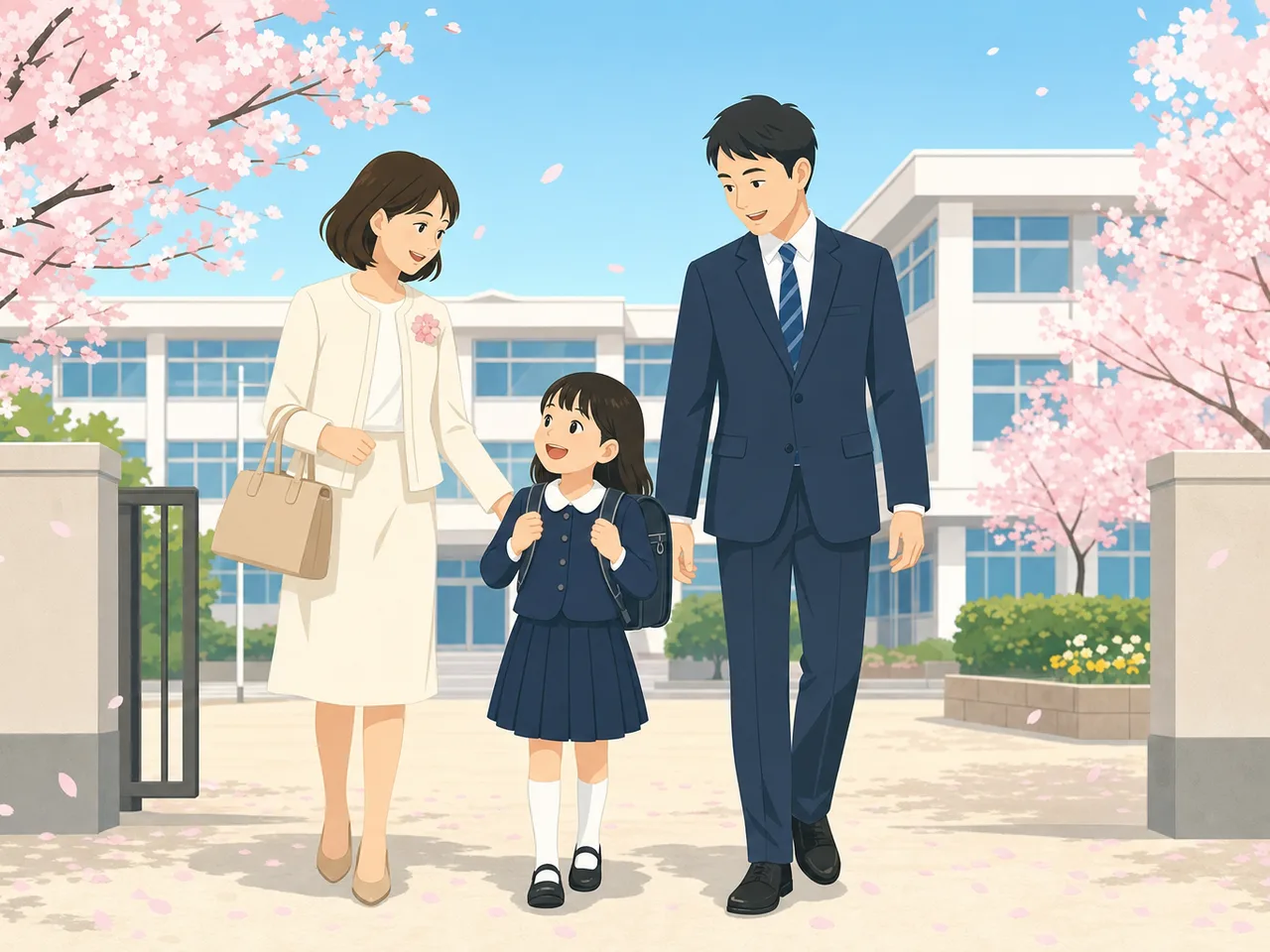 小学校の入学式を迎える親子（フラットイラスト）。春、学校、子育て、自治体の案内に使える、日本の入学式の親子素材です。