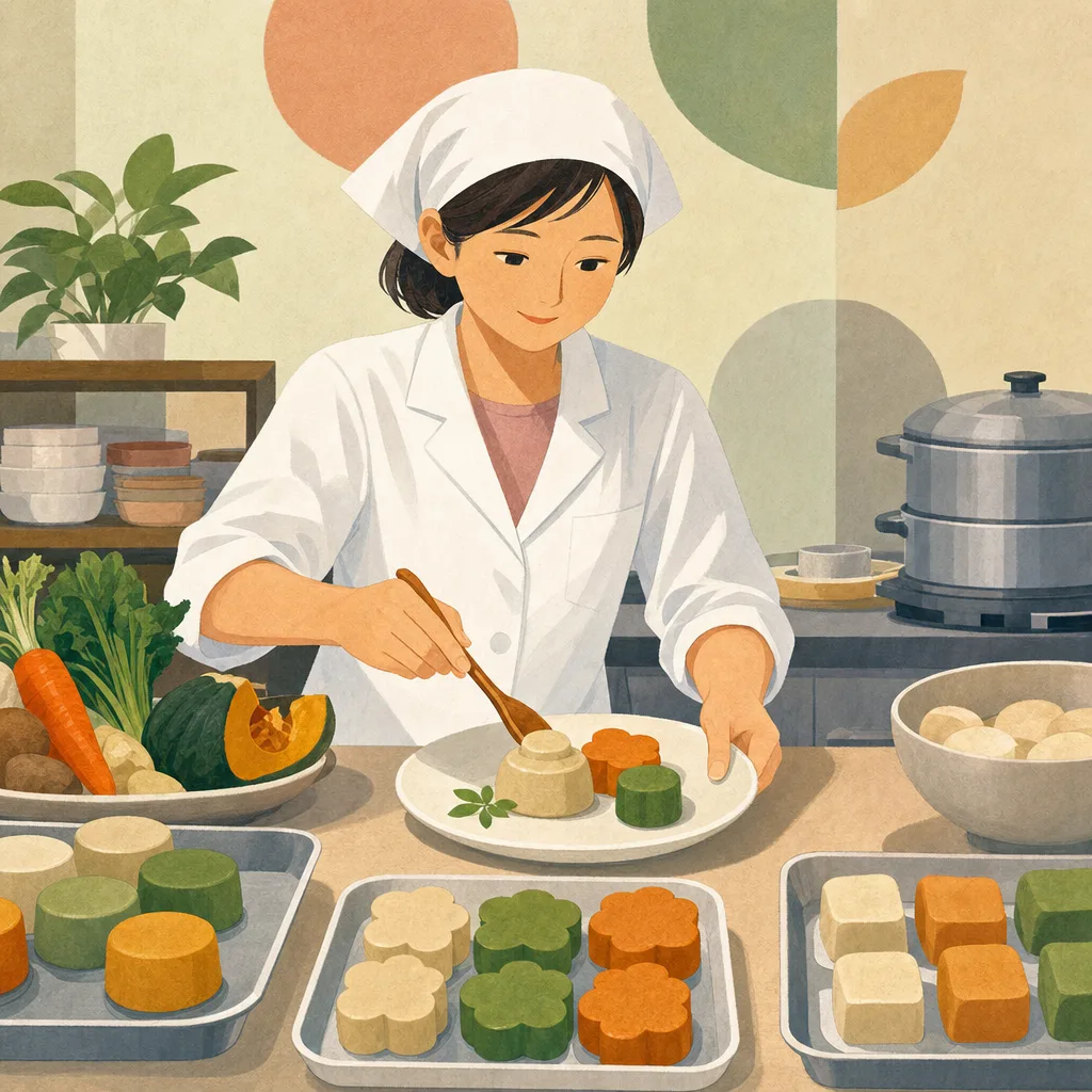 食べやすい食事を整える日本人専門職（編集記事向け）。嚥下調整食、介護食、食べやすい食事、高齢者の記事や案内に使える商用素材です。