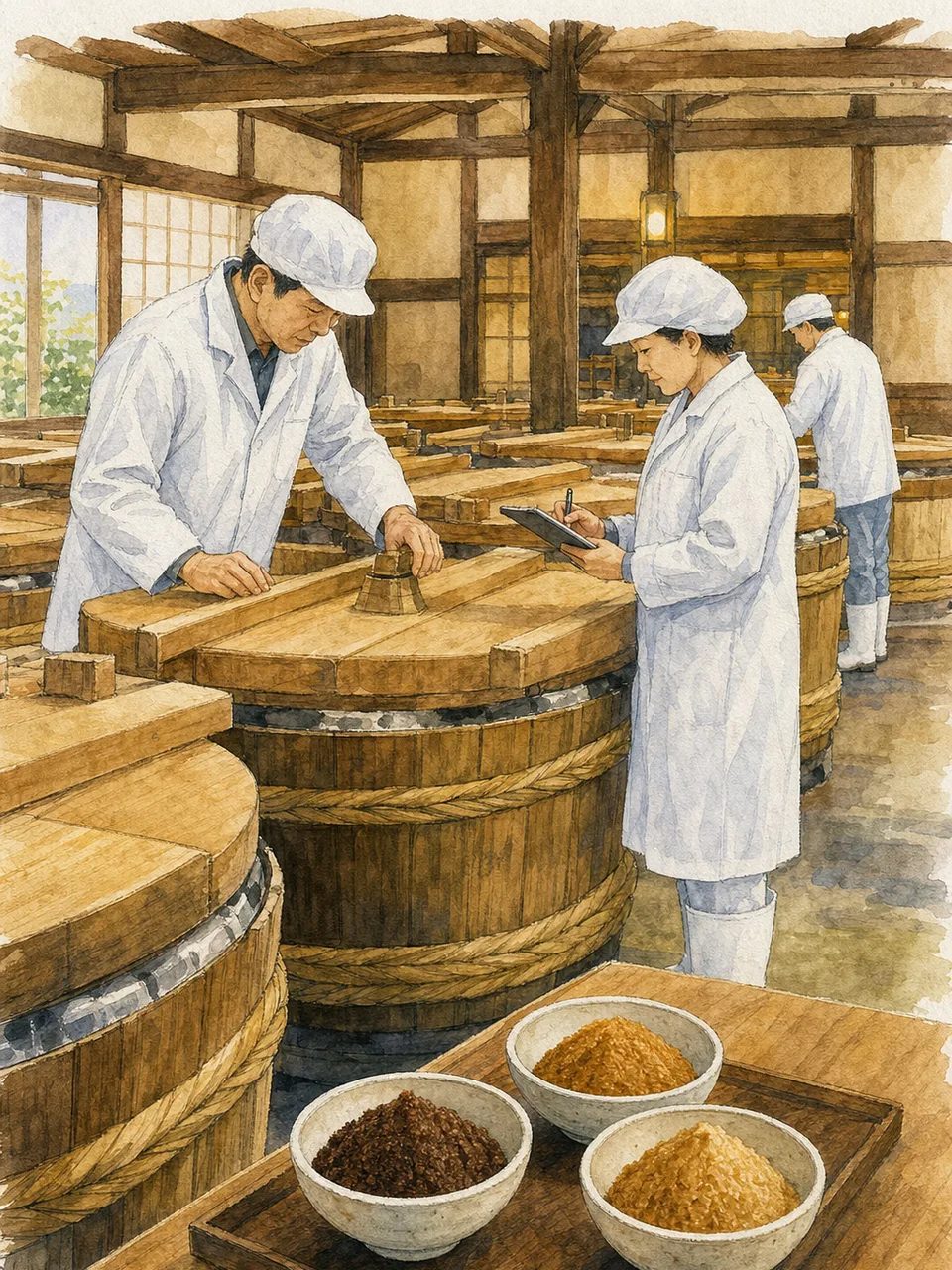 味噌蔵で発酵を管理する日本人（手描き水彩）。味噌蔵、味噌作り、発酵食品、食品製造の記事や案内に使える商用素材です。