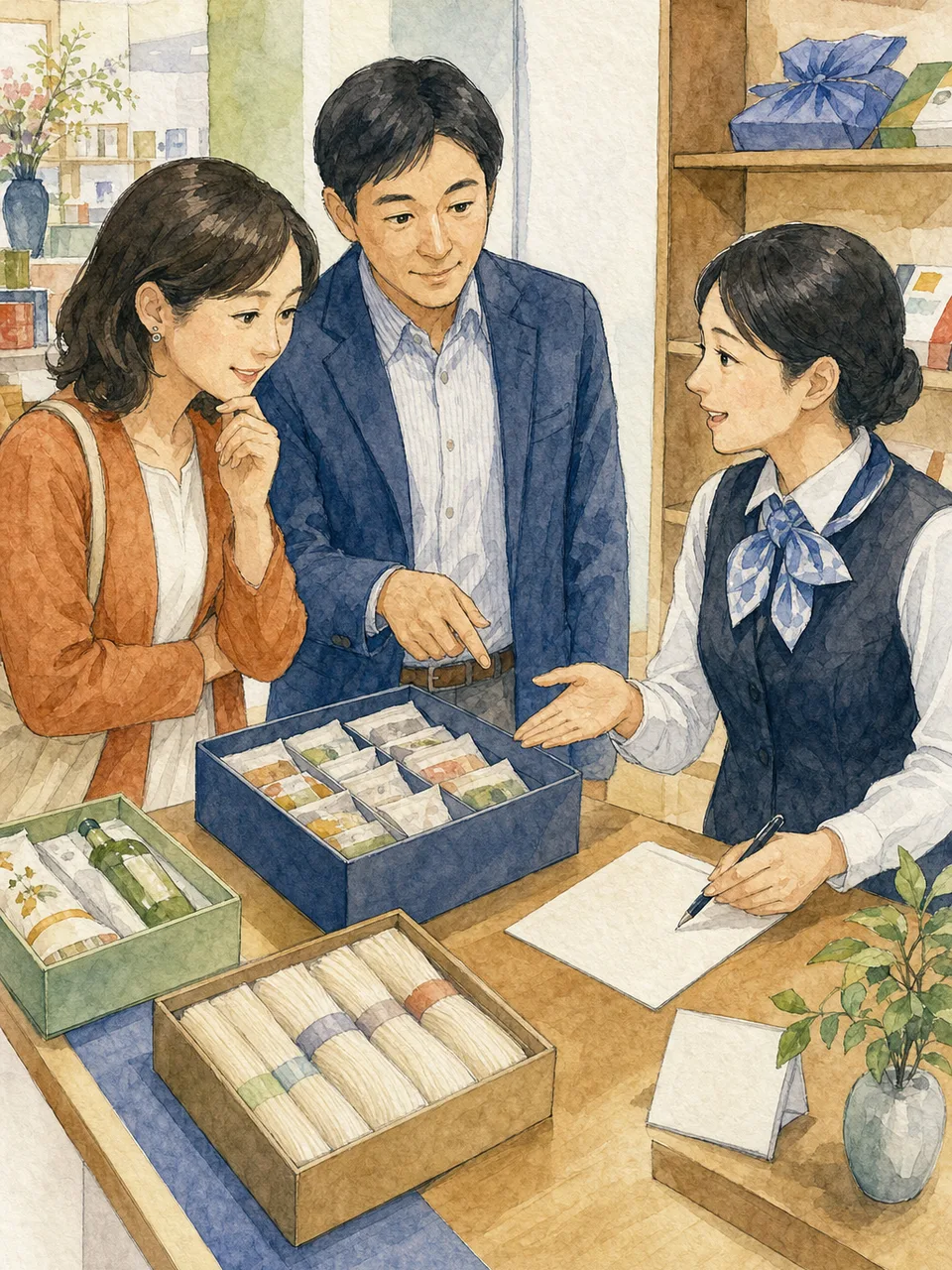 お中元を選ぶ日本人（手描き水彩）。お中元、夏の贈り物、季節の挨拶、ギフトの記事向け素材です。