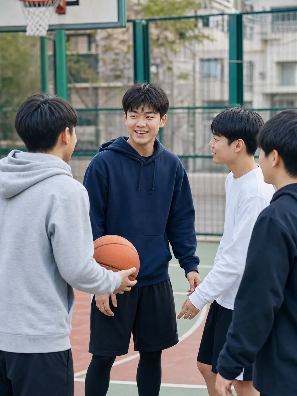 放課後を過ごす日本人男子高校生（自然な縦位置写真）。男子高校生、放課後、友達、青春の記事向け素材です。