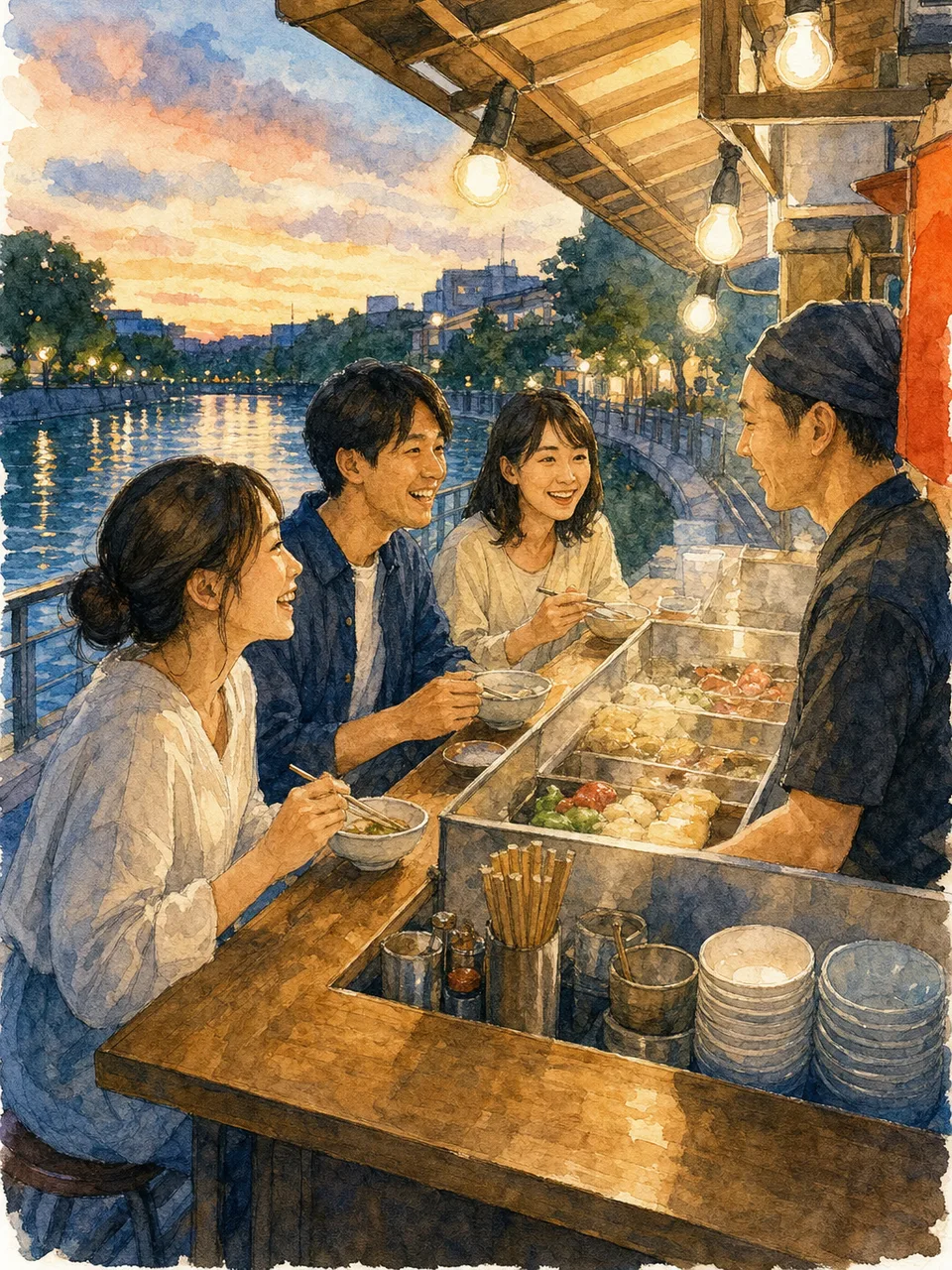 福岡の屋台を楽しむ日本人旅行者（手描き水彩）。福岡、屋台、九州旅行、食の観光の記事向け素材です。