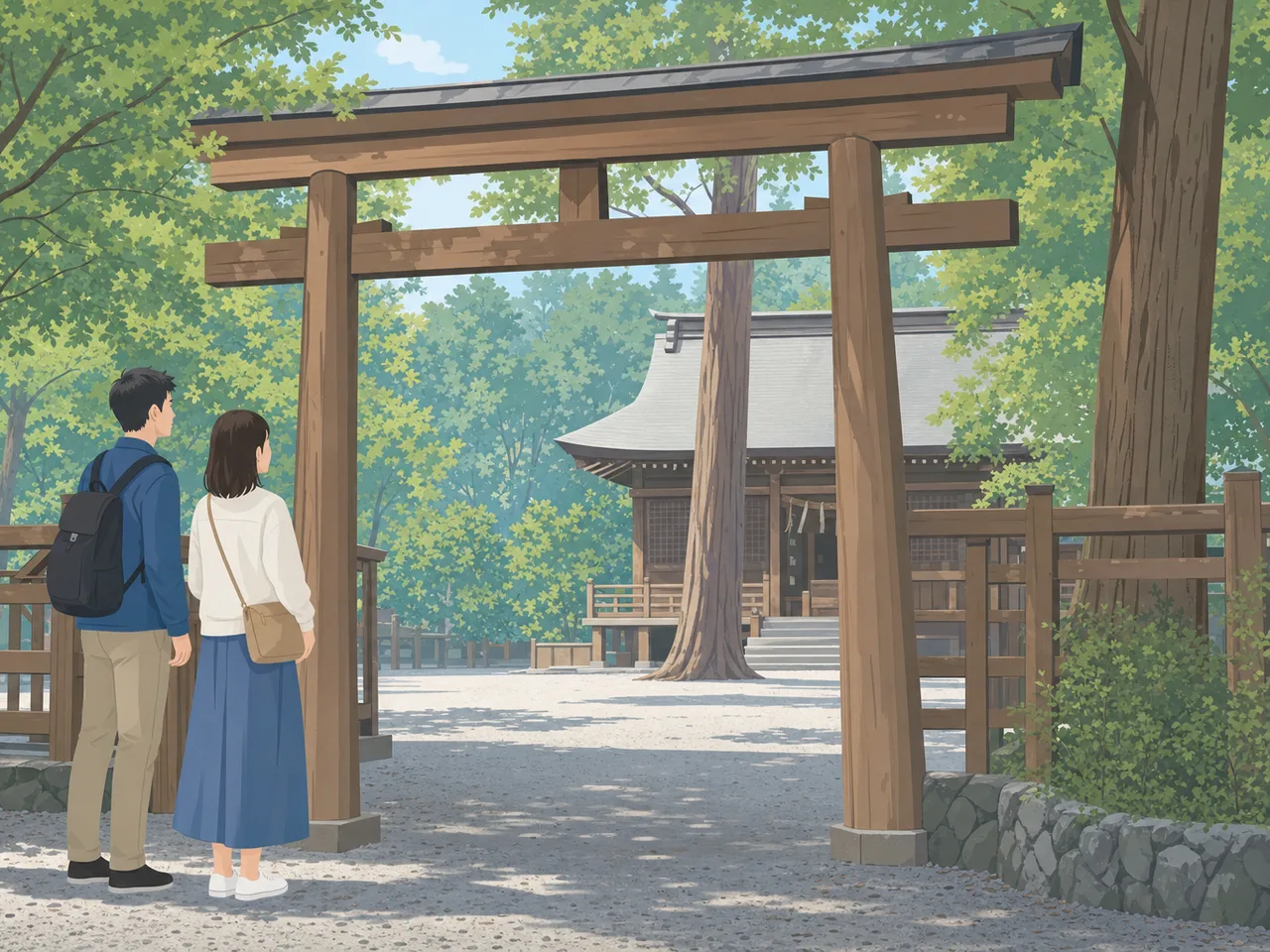 神社を訪れる日本人旅行者（フラットイラスト）。神社、参拝、日本文化、国内旅行の記事に使える素材です。