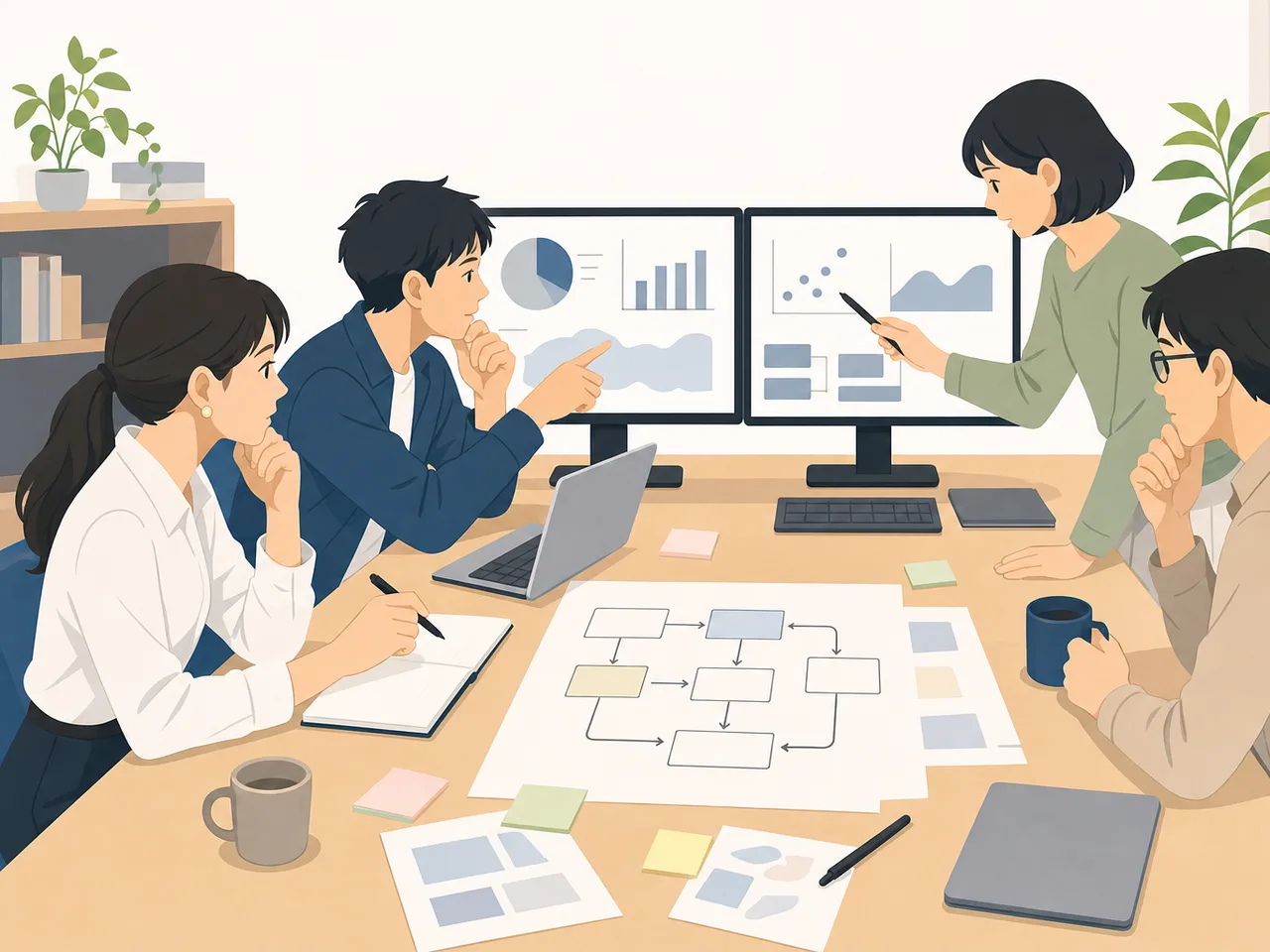 分析を進める日本人データサイエンティスト（フラットイラスト）。データサイエンティスト、データ分析、AI、意思決定の記事向け素材です。